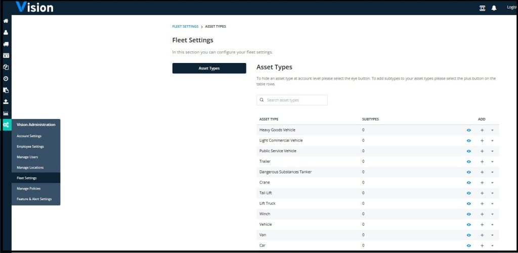 Vision- Fleet Settings & Sub Types